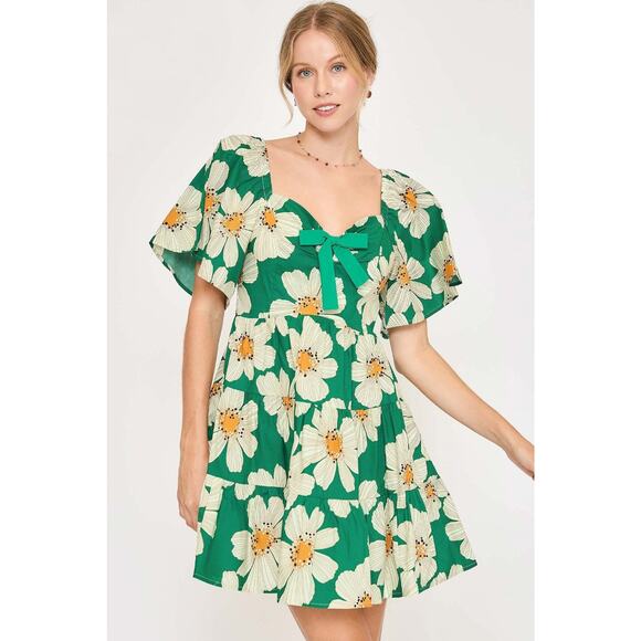 Umgee Daisy Print Short Sleeves Sweetheart Neck Ribbon Detail Mini Dress | Green - Picture 3 of 5